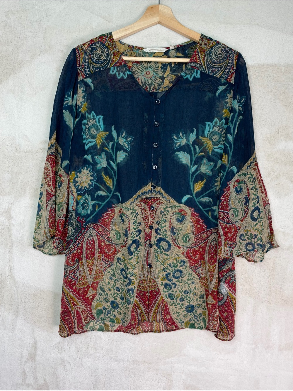 Soft Surroundings Teal Multi Floral Paisley Sheer Button Tunic